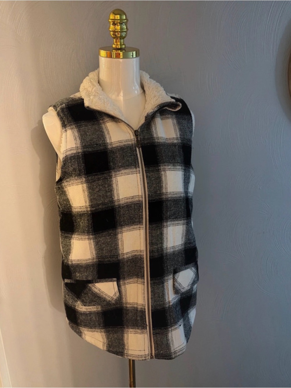 Maurices Black & White Plaid Sherpa Vest